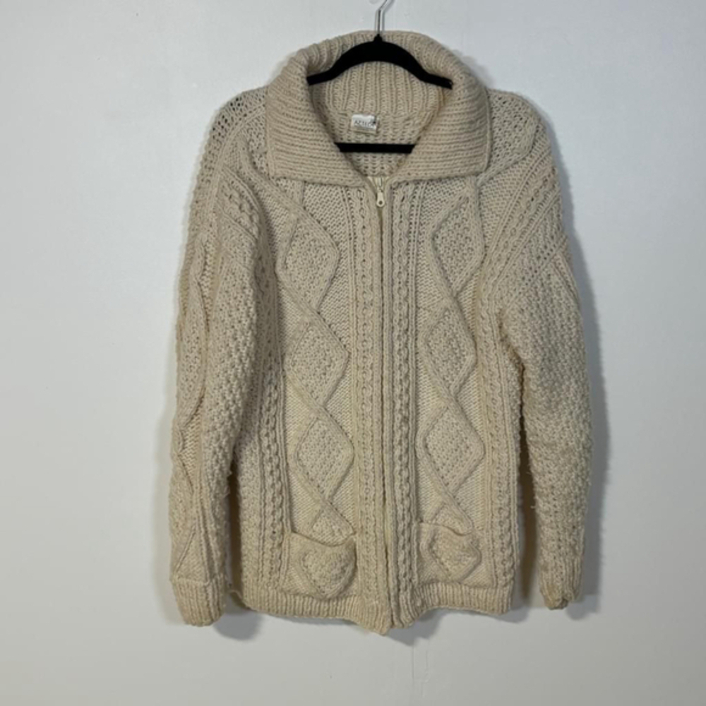 Azteca Trading Co Wool Cable Knit Zip Up Cardigan Sweater Women’s M Cream
